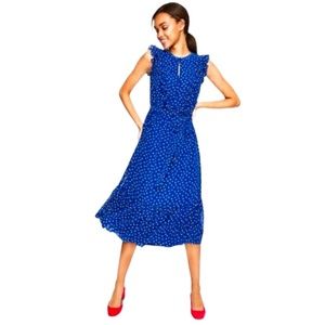 Boden Elise Style Blue Sleeveless Belted Lined Polka Dot Midi Dress Size US 8P
